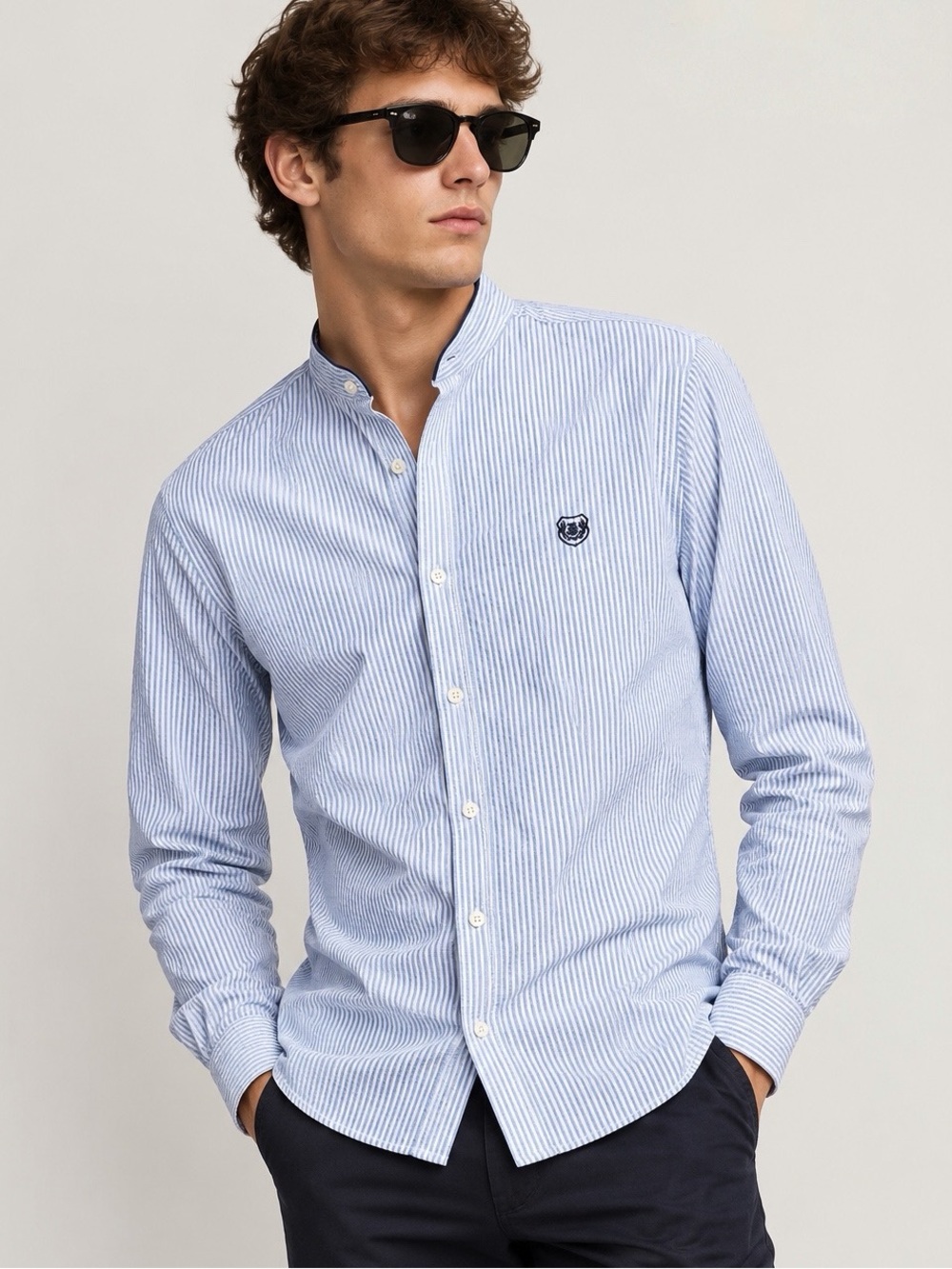 The Kooples Men Blue Pinstripes Mandarin Collar Button Down XS Preppy Luxury